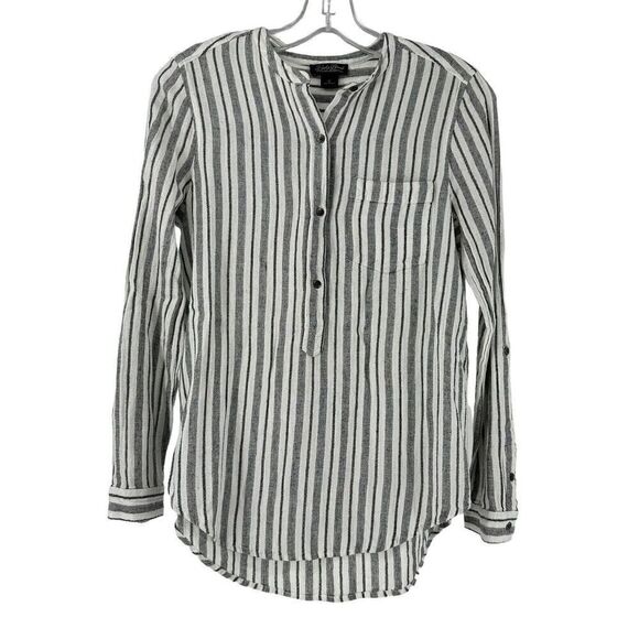 Lucky Brand Top Striped Long Sleeve Roll Tab Size S Black White Bohemian Casual - Picture 1 of 6